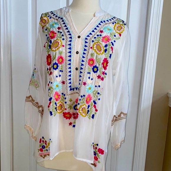 Floral Embroidered Sheer White Top - Picture 1 of 8